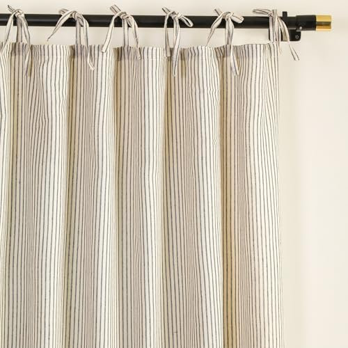 THE ART BOX Gauze Striped Curtains, Boho Linen Gauze Tie Top Hanging Curtains Light Filtering Door Window Treatment 2 Panel Drapes for Living Room Home Décor Black (90x42 Each Panel)
