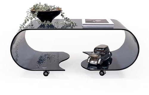 Homely - Mesa de Centro de Cristal Curvado de una Pieza con Ruedas Coffee, de 90x50x38 cm (Smoke)