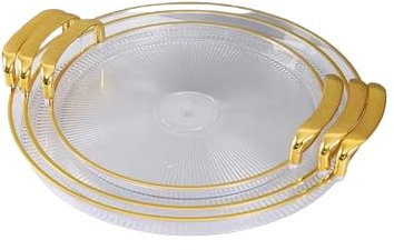 Mr. Gadget's Solutions Set of 3 Serving Tray with Golden Handles and Golden Rim Border, Plastic Round Tray for Living Room, Party, Kitchen, Decor, Dessert Table, Cupcake Display