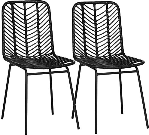HOMCOM 2er-Set Esszimmerstuhl Küchenstuhl Wohnzimmerstuhl mit Rückenlehne Essstuhl mit Rattenoptik für Esszimmer Wohnzimmer Stahl Schwarz 44 x 58 x 85 cm
