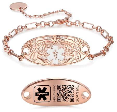 Theluckytag Verbessertes QR-Code-Armband für Damen, medizinisches Notfall-Armband, Sterlingsilber, 17,8 cm ~ 22,9 cm Kettenglieder, mehr Platz sparen und ändern, Notfall-Med-Info, Large, Edelstahl