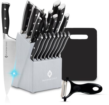 PLATINUM GOLD 20-teiliges Messerblock Set mit Messer, Schneidebrett und Schäler – Selbstschärfendes Küchenmesser Set – Premium-Qualität Messer Set Küche für Präzision, Langlebigkeit und Vielseitigkeit