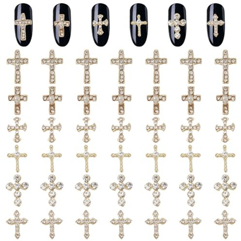 GOMAKERER 48 Pcs Cross Nails Charms, Gothic Punk 6 Styles Metal 3D Cross Nail Art Decoration