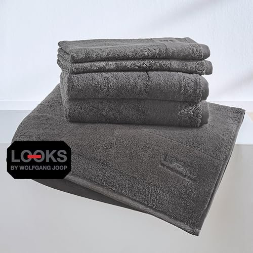 LOOKS by Wolfgang Joop Handtuch Set 5tlg. - 100% Baumwolle, 2 Gästehandtücher + 2 Handtücher + 1 Duschtuch mit Logostick, grau