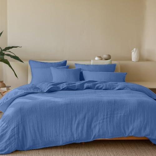 Dreamzie Musselin Bettwäsche 155x220 Baumwolle, Bettwäsche-Sets 1er Bettbezug mit 1 Kissenbezüge 80x80 cm, Oeko-Tex Bettwäsche Blau mit Reißverschluss