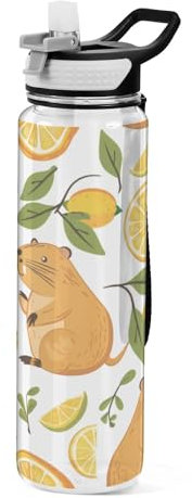 Mnsruu Funny Capybaras Lemon Water Bottle with Straw 1 Litre Sports Bottle Tritan BPA Free Clear Drinking Bottle for Adults Outdoor School Gym Travel