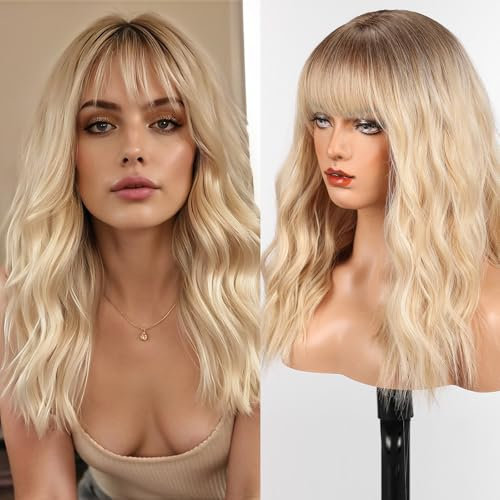 WOKESTAR Lange Perücke mit Fransen Synthetische gewellte Perücken für Frauen Blond mit Highlights Farbe