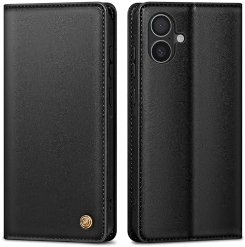 AIMOYU Handyhülle für iPhone 16, Premium Leder Schutzhülle mit Kartenfach und Flip-Function (Schwarz)