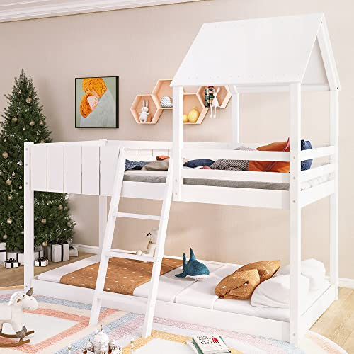 MUZHIXIANG Wooden Bunk Bed Loft Bed with Ladder and Guard Rail, Mid-Sleeper Cabin Bed, 3FT Single Treehouse Canopy, Space-Saving Design for Kids (White, 90x190 cm)