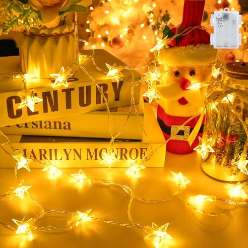 Battery Star Fairy Lights,Gcstnn 19.7ft 40 LED Battery Powered Christmas String Lights with 6hTimer IP65 Waterproof Fairy Lights for Bedroom Window Christmas Tree Indoor Outdoor Decorations,Warm White