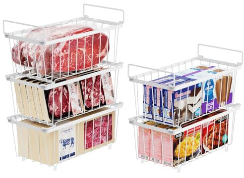 iSPECLE Chest Freezer Baskets - 5 Pack Stackable Organiser for 198L Deep Freezer, Easy Sort and Get Food with Handles, Add Space and Allow Air Circulation for Better Freshness, White