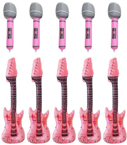 10 PCS Inflatable Party Props, Inflatable Props with 5 Inflatable Guitars and 5 Inflatable Microphones for Parties, Photo Booth Props, Inflatable Instruments for Themed Rock Parties, for Kids, Adult