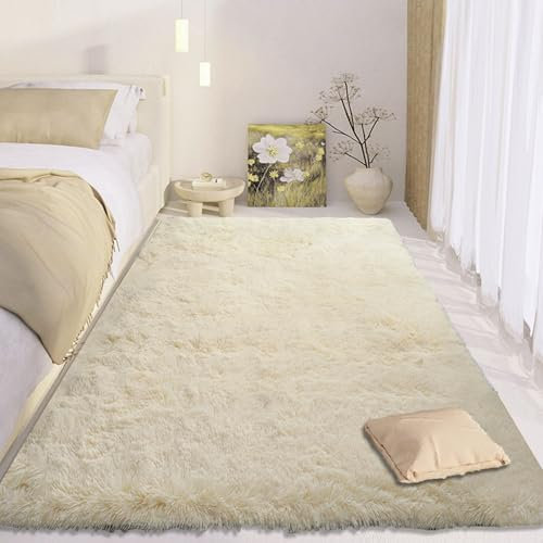 CUIMEI Hochflor Teppich 250 x 300 cm, Flauschiger Große Größe, rutschfest Langlebig, Faltbar, Zotteligeweicher, rutschfest Shaggy Teppich, Creme Farben