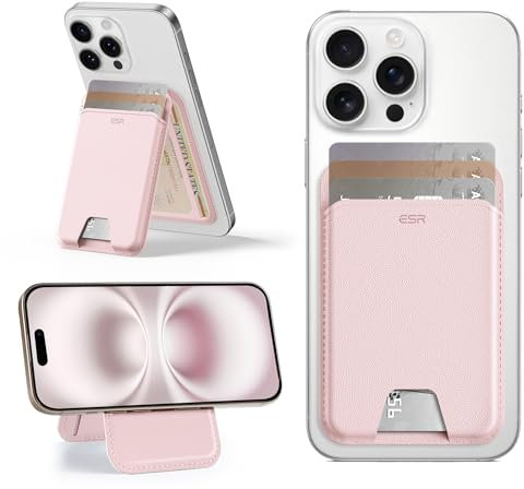 ESR Cartera Aura con MagSafe(HaloLock), Bloqueo RFID, Compatible Magsafe Wallet, Soporte Ajustable, 5 Tarjetas, Cuero Vegano, para iPhone Series 16/15/14/13/12, NO para 13/12 Mini, Rosa Chicle