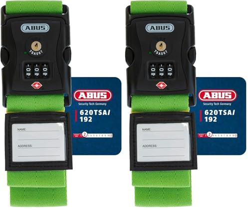 ABUS Kofferband mit TSA-Schloss 620TSA/192 - Koffergurt mit 3-stelligem Zahlencode - Namensschild inklusive - grün (Packung mit 2)