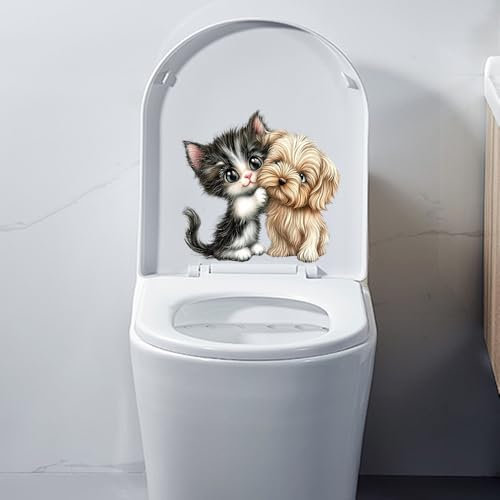 Iprokiu Lovely Animal Cat Puppy Toilet Seat Cover Decal Waterproof 3D Kitten Dog Toilet Seat Lid Sticker Adhesive Washroom Bathroom Wall Decal Home Decoration (Cat and Dog)