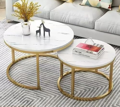 OHMG Set de 2 Tables Gigognes Rondes,Tables Basses,70/50cm,Table d'appoint Ronde,Design Moderne,Table de Salon en marbre,avec Pied en Acier (Blanc+or-70 * 70 * 45cm)
