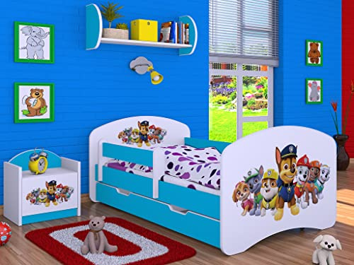 BDW - Kinderbett 190x90cm - Kinderbett mit Rausfallschutz, Matratze, Lattenrost und Schublade - Bett für Mädchen, Jungen - mit Stauraum - Bett Blau mit Motiv Superhund