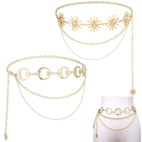 2PCS Gürtel Damen TREABEAR,Gürtel Gold, Kettengürtel Sonne und Mond, verstellbare mode taillengürtel