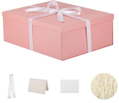 KdmNzoo Extra Large Gift Box with Lid 42x32x15.5 cm, Pink Gift Boxes for presents Packaging for Birthdays, Valentine's Day, Christmas, (Include Shredded Paper Fill, Envelope Card Ribbon)