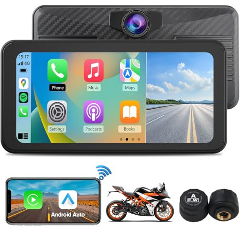 AWESAFE 6.25 GPS Moto Pantalla con Advertencia de Presión de Neumáticos/Cámara Frontal/Bluetooth/GPS/Siri/Asistente de Go0gle/Resistente Al Agua IPX8,Pantalla Moto Carplay y Android Auto Inalámbrico