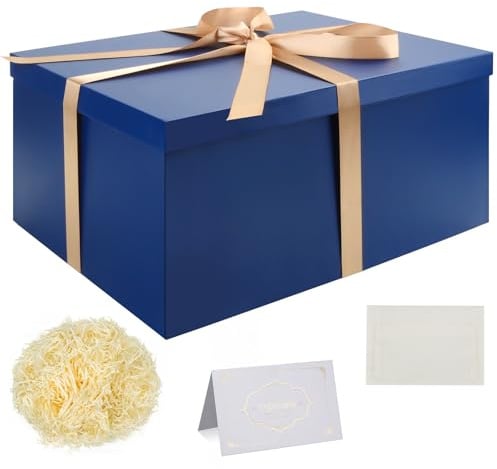 Geschenkbox Set, Blau Geschenkboxen mit Deckel 38 x 28 x 19 cm Groß Geschenkbox mit Schleife Geschreddertes Seidenpapier Grußkarten für Weihnachten Geburtstag Hochzeitstag