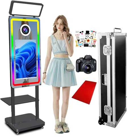 Innovative 40 Magic Mirror DSLR Fotoautomat mit Kamera, 21,5'' Touchscreen Fotobooth-Maschine mit Tablett für Selfies, Quadratisches Aufhelllicht für Partys (Black, with Camera)