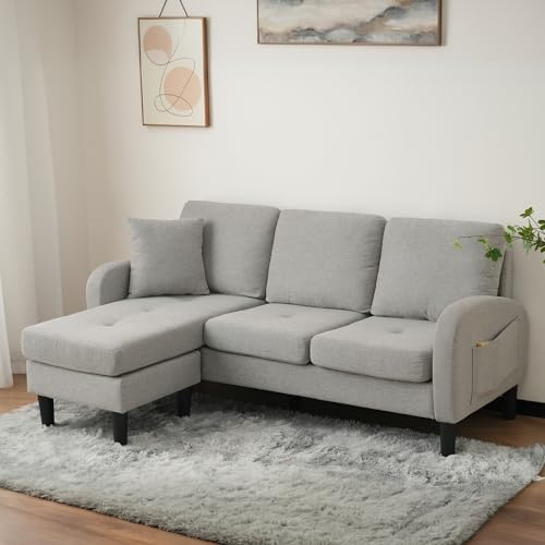 TOBIDOEN 3-Sitzer Ecksofa mit Chaiselongue, Modulares Design Flexibel Anordenbar, Atmungsaktiver Baumwoll-Leinenstoff, Robustes Gestell Kunststoffbeine, Bequem für kleine Räume, 166x118x77cm, Grau