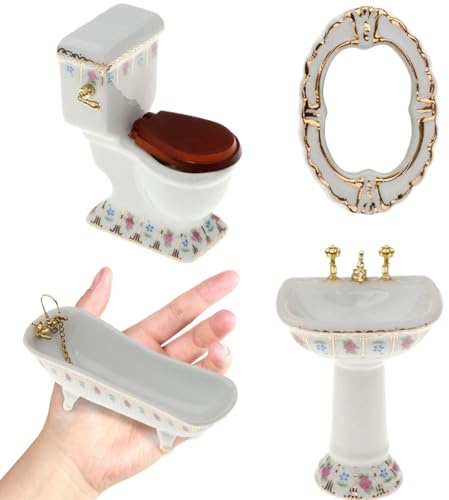 Suxdlan 4 Stück/Set Puppenhaus-Badezimmermöbel im Maßstab 1:12, Toilette, Badewanne, Waschbecken und Spiegel, realistisches Miniatur-Puppenhaus-Zubehör