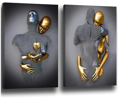 2PCS 3D Romantisch Kuscheln Liebhaber Skulptur Poster Metall Figur Statue Kunst Liebe Herz Kuss Bilder Wandkunst,Ohne Rahmen(60 * 80cm)