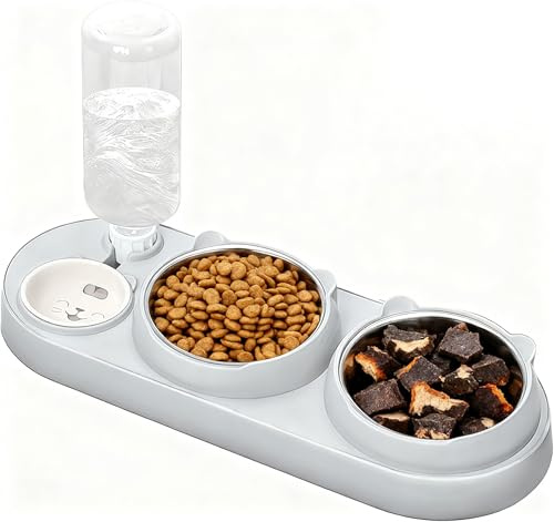 Elyyapt 3 in 1 Cat Bowl Raised Cat Food and Water Bowl Set, 15°Tilted Stainless Steel Pet Bowls Double Cats Bowls with Water Dispenser, Food and Water Dishes for Cats and Small Dogs