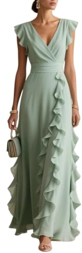 Vestido largo con volantes para mujer, cuello en V, cintura alta, elegante, vestido de noche, vestido largo de fiesta formal para invitados de boda, verde claro, XL