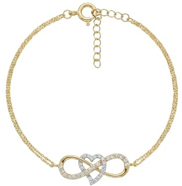 Suzan Gold® 375 Echtgold Armband Damen mit Doppelherz Infinity Symbol filigrane Kette verstellbar elegant mit Zirkonia Geschenkidee EternaHearts