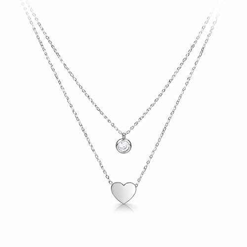 SAGA GIOIELLI Collana doppio filo Donna Argento Elegante con pendente cuore e punto luce – Doppia Catena 39,5 + 5 cm Regolabile – Acciaio Inossidabile – Gioiello Raffinato Idea Regalo
