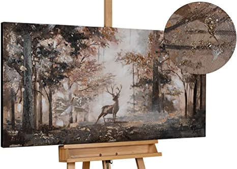 KunstLoft Leinwandbild | 100% HANDGEMALT | 120x60cm | Gemälde 'Stag in The Brume' | Hirsch | Braun | Wandbild Wohnzimmer