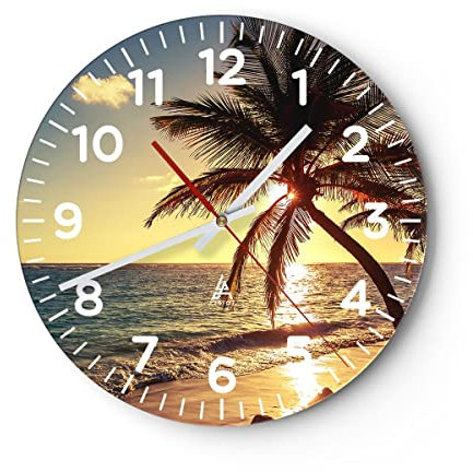 Modern Wanduhr Wolke exotischer Palm- Landschaft 40x40cm Rund Groß Wand Uhr Glas Analog Zimmeruhren Küche Büro Wohnzimmer Glasuhr Wall Clock Dekoration Design Wanddekoration Küchenuhr C4AR40x40-3180