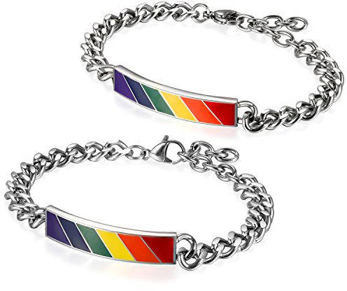Flongo Gay Schwul Partner Armband, Edelstahl Armband Armreifen Armkette Silber Mehrfarbig Regenbogen Streifen Gay Pride LGBT Schwul Homosexual Homosexuell Panzerkette Kette (2 Stück, Damen/Herren)