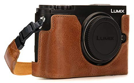 MegaGear MG1443 Panasonic Lumix DC-GX9 Ever Ready Demi Étui en Cuir Véritable avec Bandoulière - Marron Clair