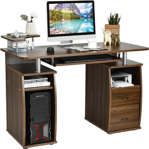 COSTWAY Mesa de Ordenador con Cajones Escritorio Computadora Mesa de Trabajo para Oficina Hogar (Marrón)