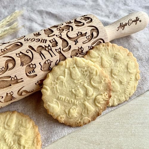 MEOW KATZEN Nudelholz für hausgemachtes Gebäck und Keramik. Präge Teigroller. Geschenk für Katzenliebhaber. Gravierte Nudelholz mit Muster von Algis Crafts