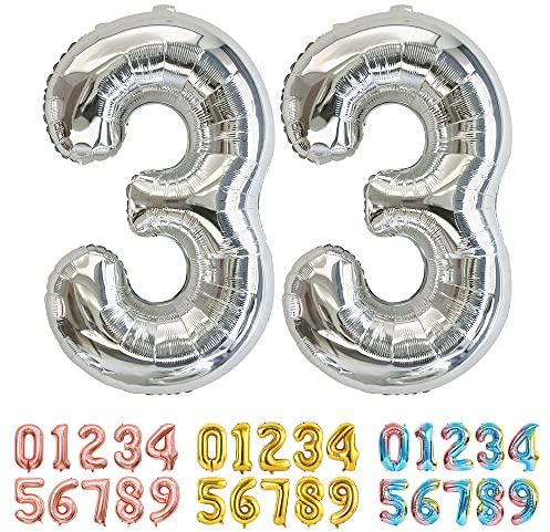 Ponmoo Luftballons Zahlen 33 Silber, Riesen Nummer 0 1 2 3 4 5 6 7 8 9 10-19 20-29 30-39 40 50 60 70 80 90 100, groß Folienballons für Hochzeit Jubiläum, Geburtstagsballons Party Dekoration