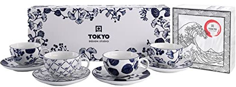 TOKYO design studio Flora Japonica 4-er Tassen-Set blau-weiß mit Untertassen, 100 ml, asiatisches Porzellan, Japanisches Blumen-Design, inkl. Geschenk-Verpackung