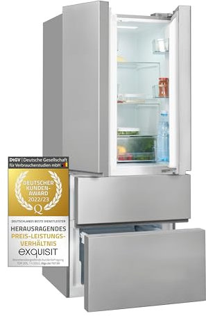 Exquisit® Frigorífico Puerta Francesa, 431L, Clase E, Material Acero Inox , Tecnologia No-Frost, Display Digital en Puerta, Cajón Verdulero, Luz LED, Consumo 344 kWh/año, Medidas 181x71,3x71,3 Cm.