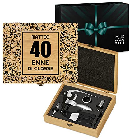 Maverton Set Cavatappi da Vino Deluxe - Kit da Sommelier Personalizzato - Scatola in Legno di bambù + 8 Pezzi di Accessori Vino - Regalo Uomo - Classe