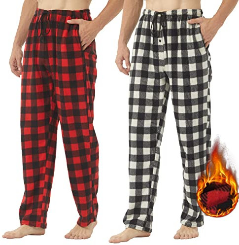 2er Pack Schlafanzughose Herren Lang Fleece Karierte Pyjamahose Winter Warm Pyjama Hose Soft Freizeithose Weihnachts Pyjama mit Taschen und Kordelzug, Rotes Plaid + Schwarzes Weißes Plaid Größe M