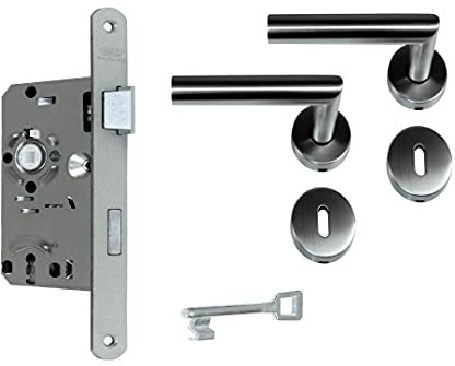 SN-TEC Zimmertür Komplett Set, Edelstahl Rosetten Beschlag L-Form (beidseitig Drücker) + Buntbart BB Schloss incl. Schlüssel (DIN Rechts)
