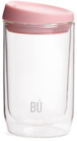 BU Products - Tasse à café en verre à double paroi avec finition antibactérienne rose pâle. Embouchure ergonomique en plastique et couvercle style barista. Capacité de 340 ml.