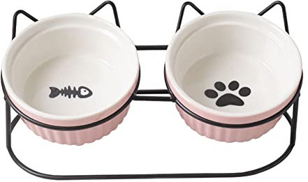 Koomuao Gamelles Surélevées pour Chat Bol Double pour Chat Déjeuner Céramique(2x400ml), Inclinable à 15° Gamelle Animaux pour Nourriture/Eau (Rose - Noir)