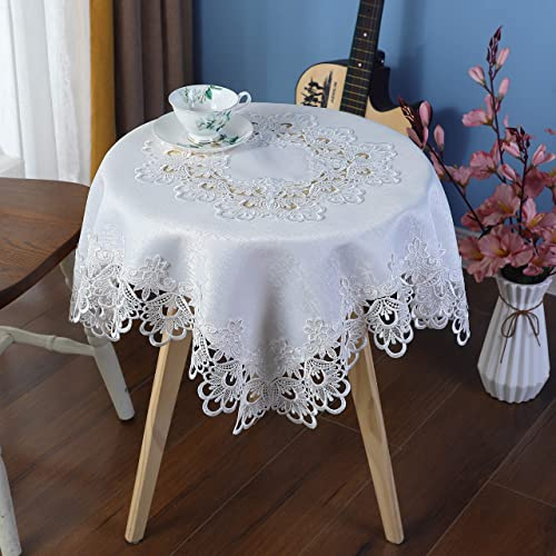 Inmerget Elegante weiße Spitze, rund, 122 cm | 120 cm bestickte Tischdecke, Tischdecke für Hochzeit, Party, Zuhause, Küche, Wohnzimmer, Tischdekoration