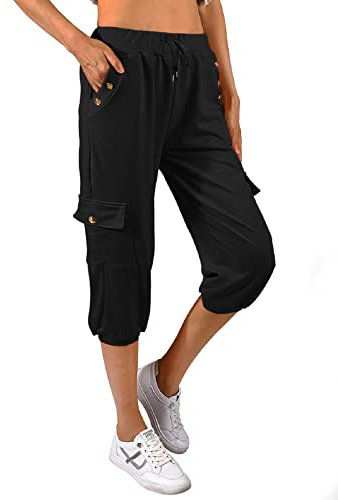 TOMEEK Caprihose Damen Jogginghose 3/4 Sporthose Hose Sommer Freizeithose Sweathose Shorts Einfarbig Baggy Kordelzug Taille Yogahose Trainingshose mit Seitentaschen(Schwarz,L)